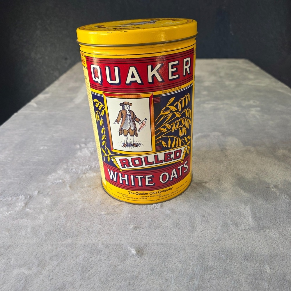 Vintage Quaker Rolled White Oats Tin Canister 1984 Stamp Limited Edition
